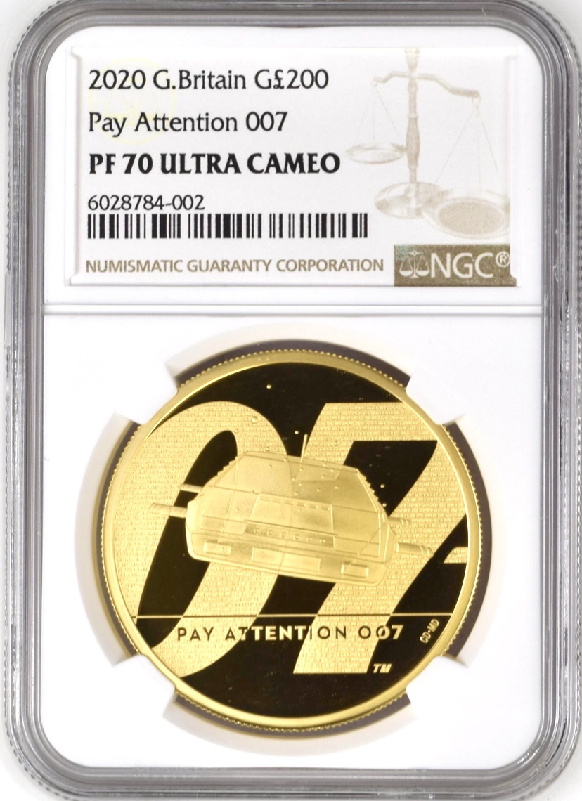 Obverse of 2020 Gold Proof James Bond Pay Attention £200