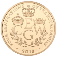 Obverse of 2018 Gold Proof Five Pounds Four Generations Of Royalty