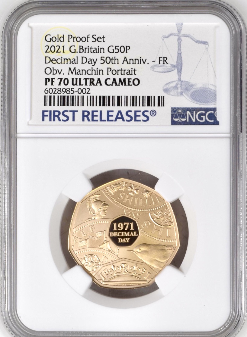 Obverse of 2021 The 50th Anniversary Of Decimal Day UK 50p Gold Proof Piedfort Coin