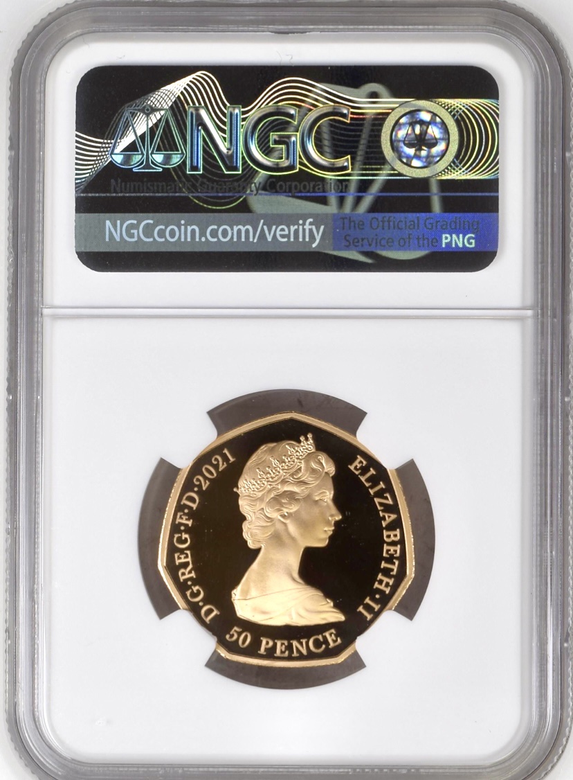 Reverse of 2021 The 50th Anniversary Of Decimal Day UK 50p Gold Proof Piedfort Coin