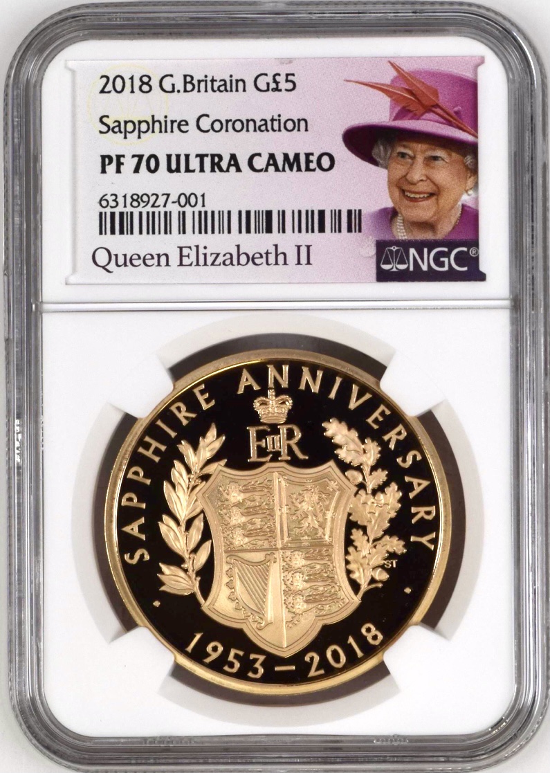 Design / reverse of 2018 Gold Proof Five Pounds Queen Elizabeth II Sapphire Coronation