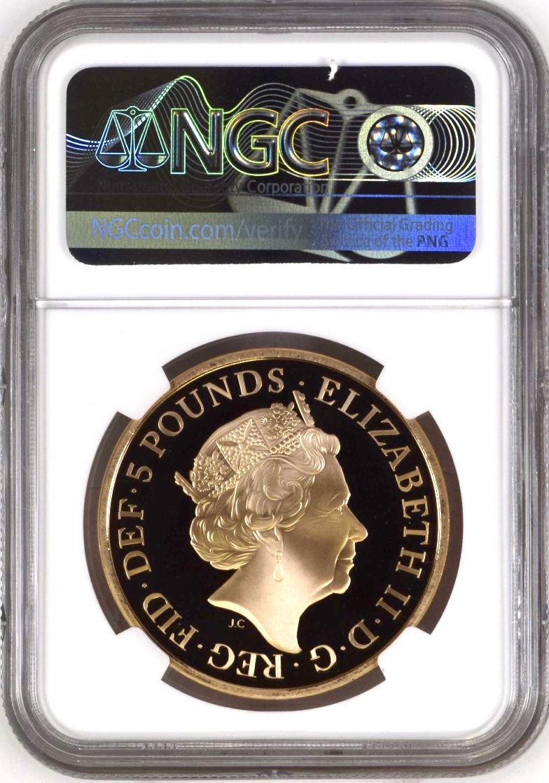 Portrait / obverse of 2018 Gold Proof Five Pounds Queen Elizabeth II Sapphire Coronation
