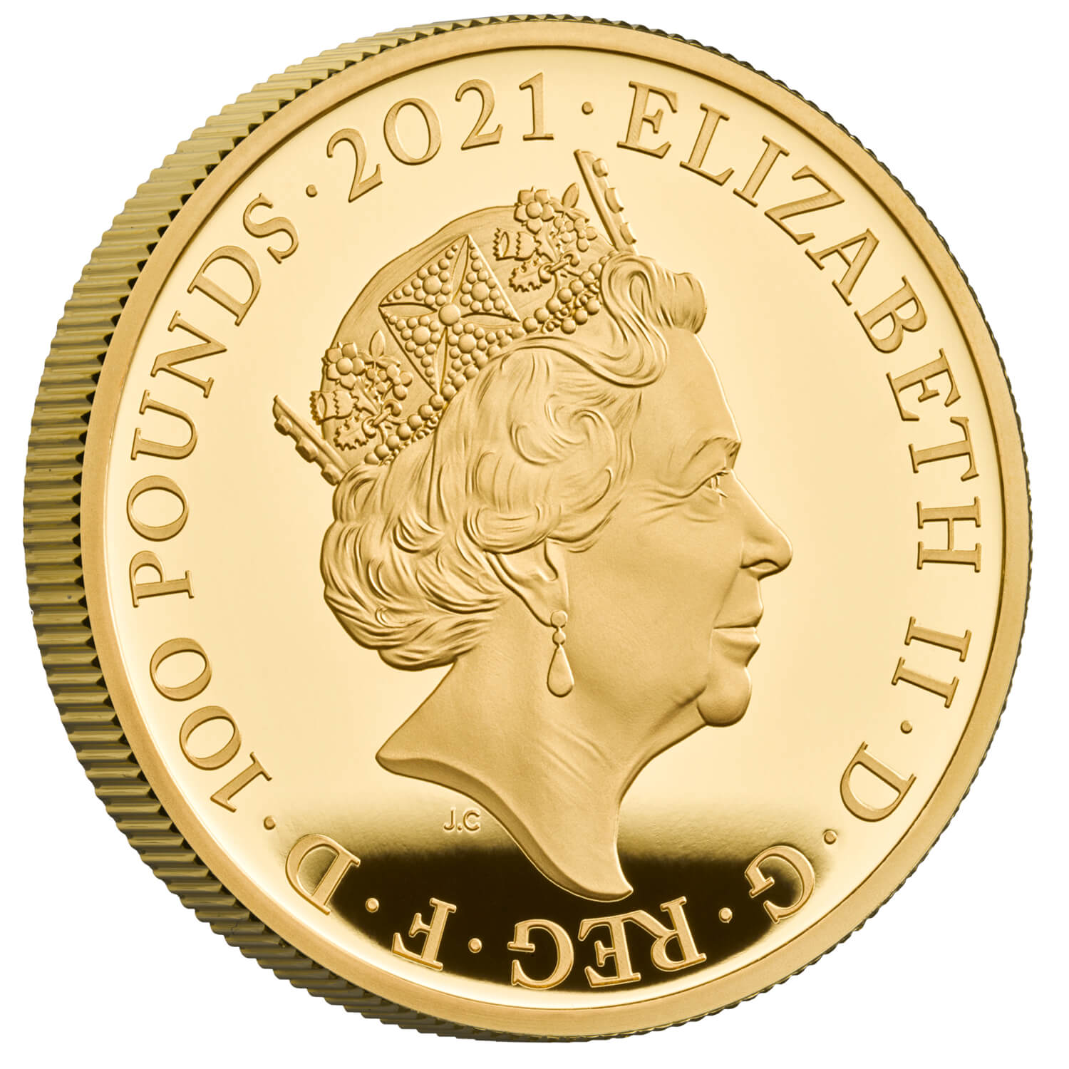 Portrait / obverse of 2021 Through The Looking-Glass UK One Ounce Gold Proof Coin