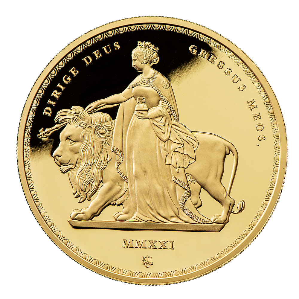 Design / reverse of 2021 Masterpiece Una & The Lion 1oz Gold Proof Coin
