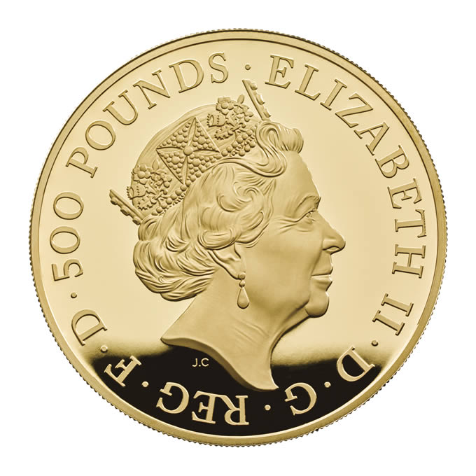 Portrait / obverse of 2018 Lunar Year Of The Dog UK Five Ounce Gold Proof Coin
