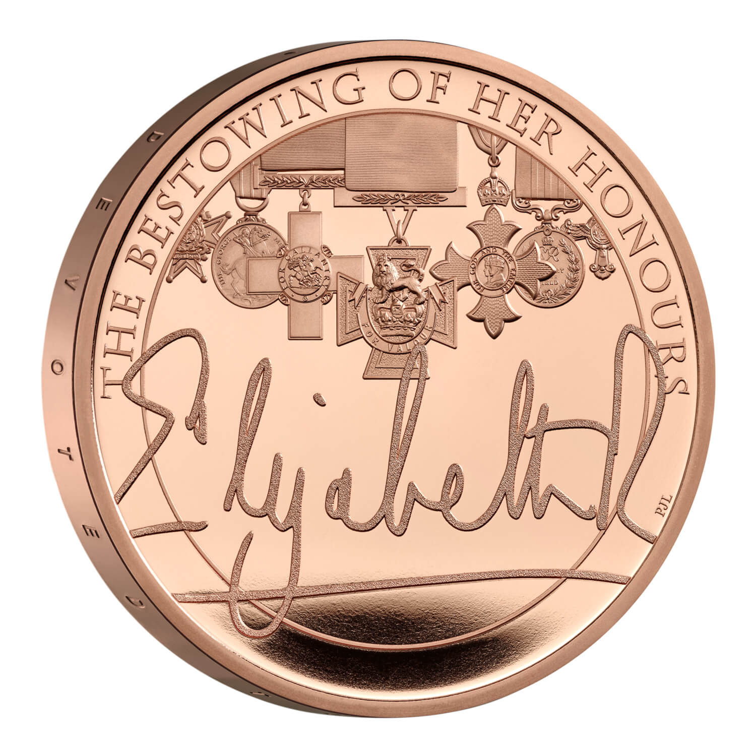 Design / reverse of 2022 The Queen's Reign Honours and Investitures UK £5 Gold Proof Coin