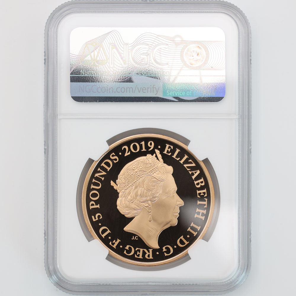 Portrait / obverse of 2019 Gold Proof Five Pounds Legend Of Ravens Tower Of London